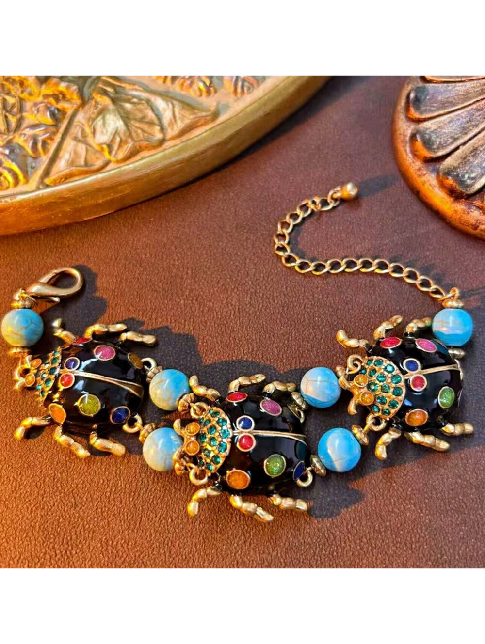 Scarab bug  Charm Bracelet Blue Beads  Crystals Adjustable